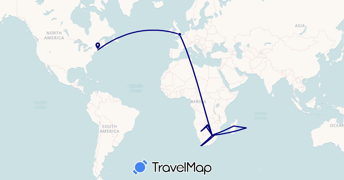 TravelMap itinerary: driving in Botswana, United Kingdom, Madagascar, Mauritius, Namibia, United States, South Africa (Africa, Europe, North America)